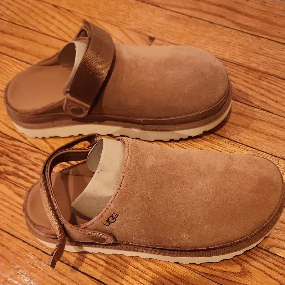 UGG Brown Leather Slip-On Clogs with Buckle Detail - Picture 2 of 5